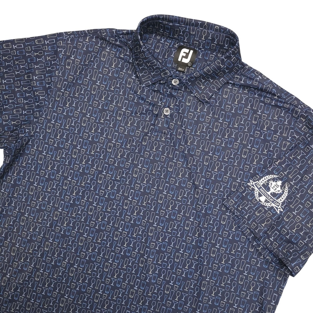 FootJoy Polo Shirt Mens Large Blue Drink Glass Print Aristocrat Cup Golf Stretch